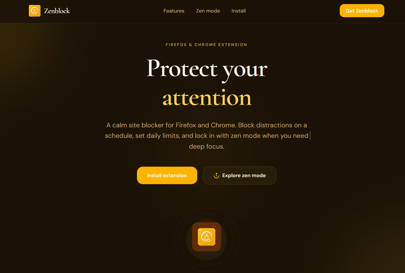 Zenblock browser extension landing page screenshot